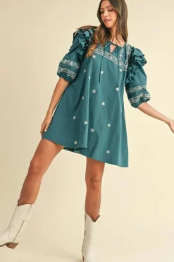 Discount Dear-Lover Boho Floral Ruffle Puff Sleeve Lace-up V Neck Mini Dress Skobeloff