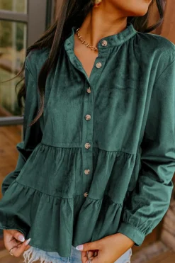 Outlet Dear-Lover Corduroy Ruffle Tiered Buttoned O Neck Shirt Skobeloff