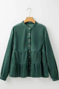 Outlet Dear-Lover Corduroy Ruffle Tiered Buttoned O Neck Shirt Skobeloff