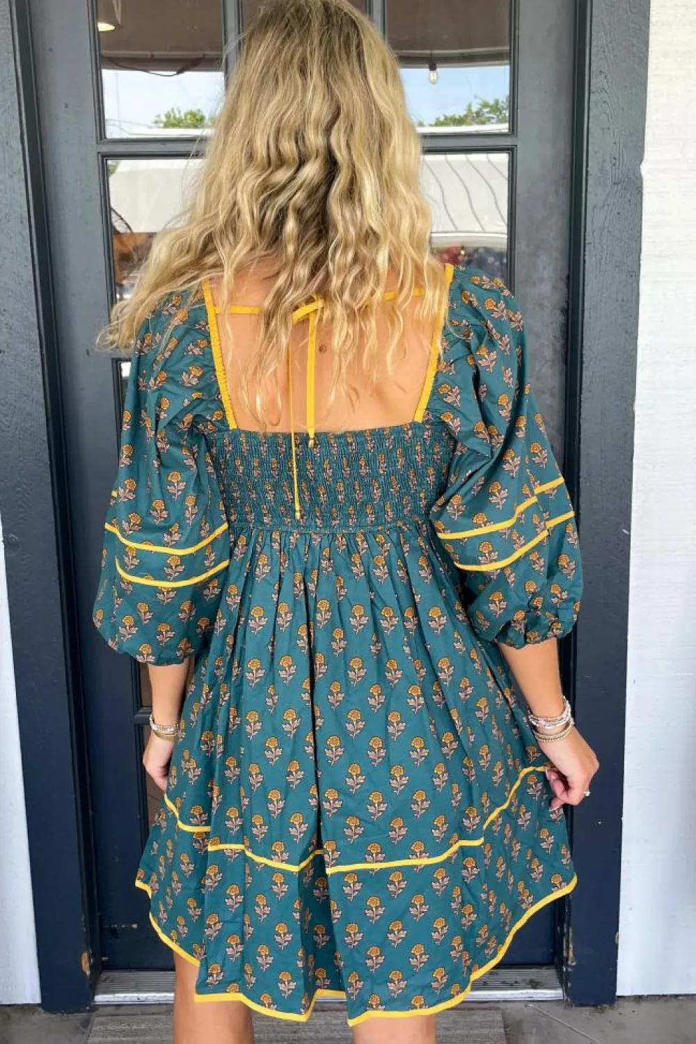 Clearance Dear-Lover Floral Contrast Trim Square Neck Puff Sleeve Dress Skobeloff
