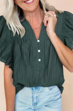 Online Dear-Lover Frilled V Neck Ruffled Cap Sleeve Blouse Skobeloff