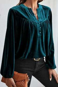 Fashion Dear-Lover Lantern Sleeve Beaded Split V Neck Velvet Top Skobeloff
