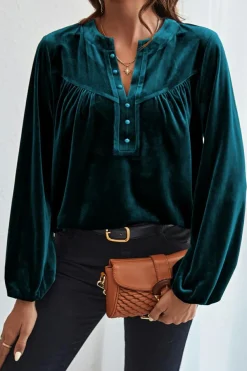 Fashion Dear-Lover Lantern Sleeve Beaded Split V Neck Velvet Top Skobeloff