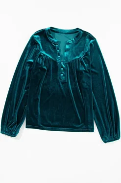 Fashion Dear-Lover Lantern Sleeve Beaded Split V Neck Velvet Top Skobeloff