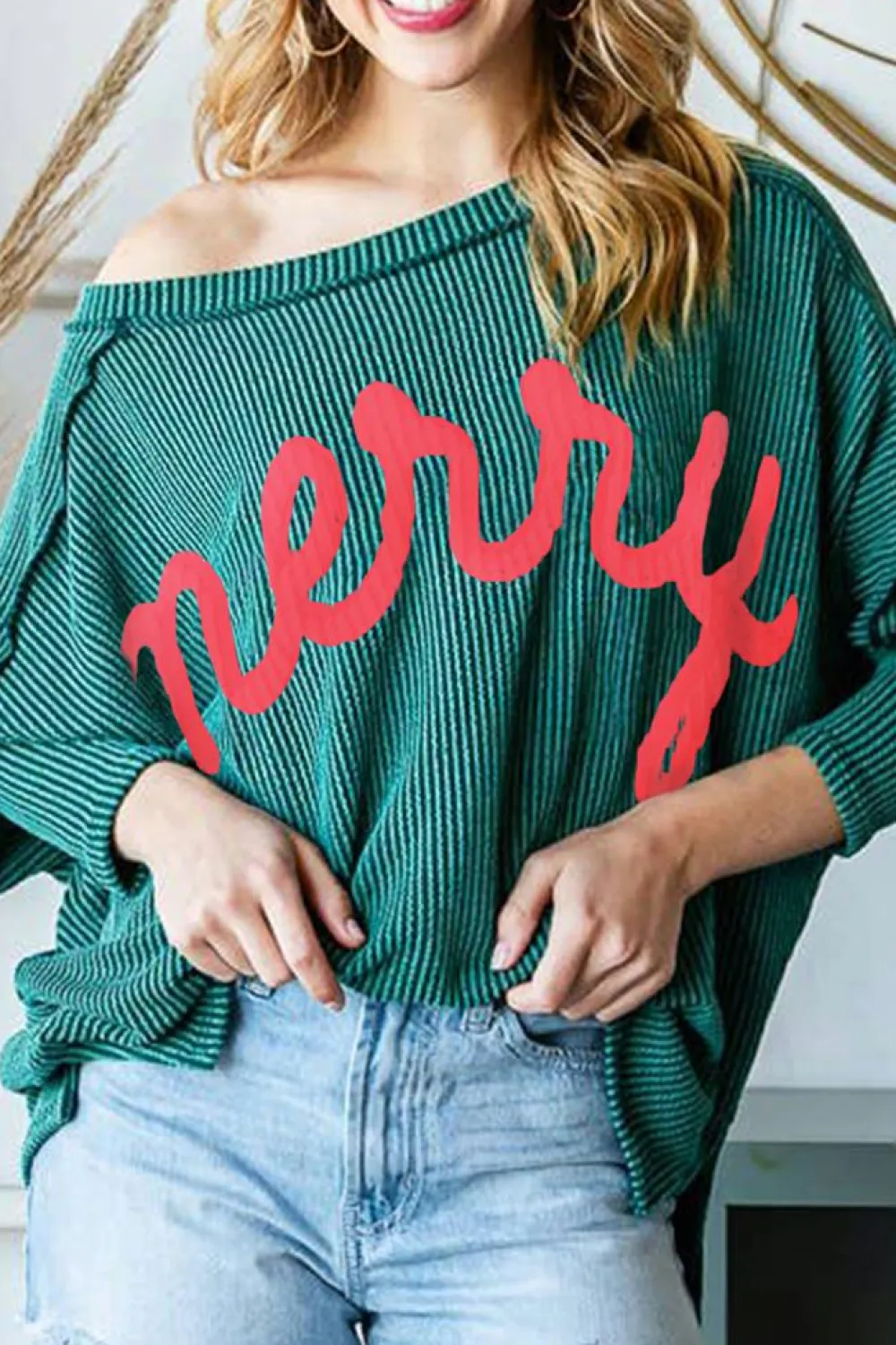 Best Dear-Lover Merry Graphic Corded Batwing Sleeve Knit Top Skobeloff