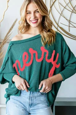 Best Dear-Lover Merry Graphic Corded Batwing Sleeve Knit Top Skobeloff