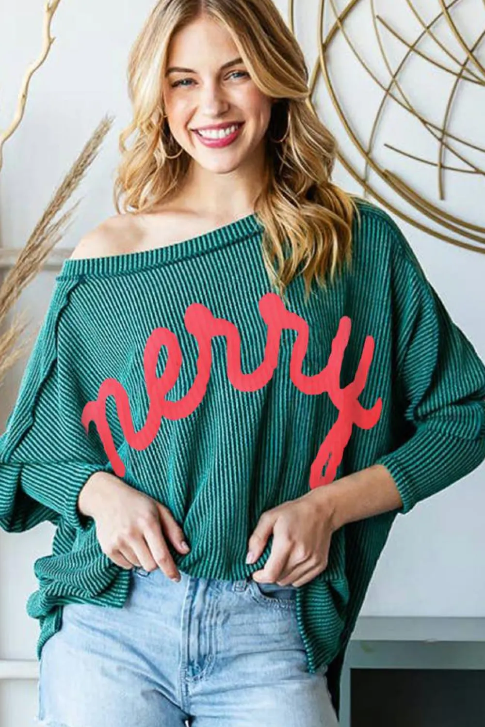 Best Dear-Lover Merry Graphic Corded Batwing Sleeve Knit Top Skobeloff