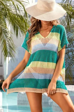 Discount Dear-Lover Striped Hollow Out Knit V Neck Tunic Cover Up Skobeloff