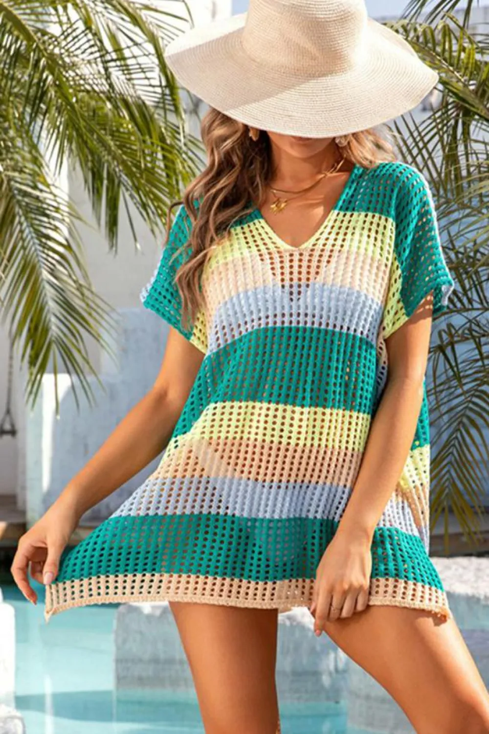 Discount Dear-Lover Striped Hollow Out Knit V Neck Tunic Cover Up Skobeloff