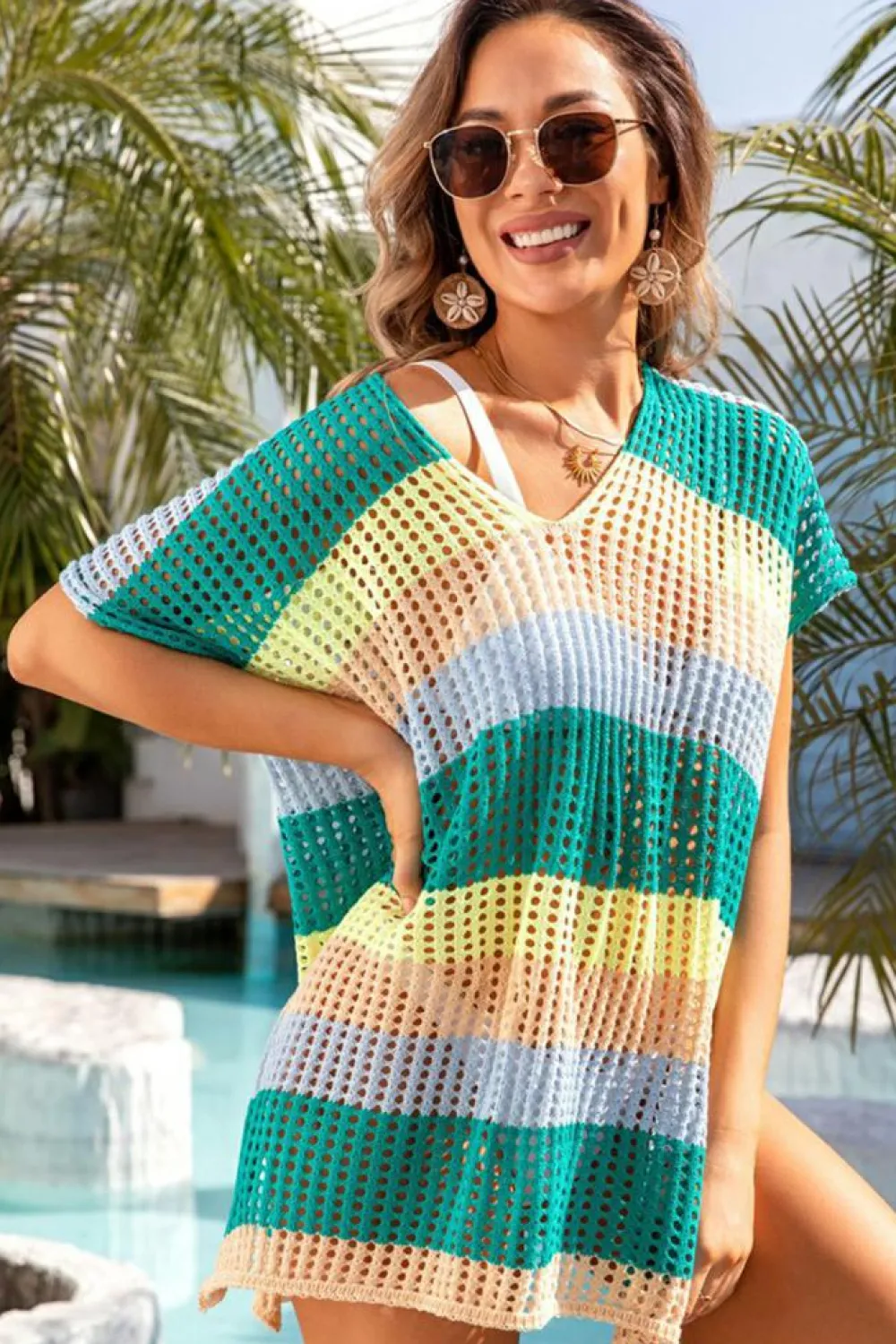 Discount Dear-Lover Striped Hollow Out Knit V Neck Tunic Cover Up Skobeloff