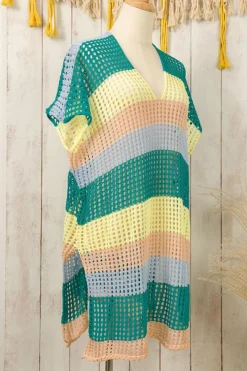 Discount Dear-Lover Striped Hollow Out Knit V Neck Tunic Cover Up Skobeloff