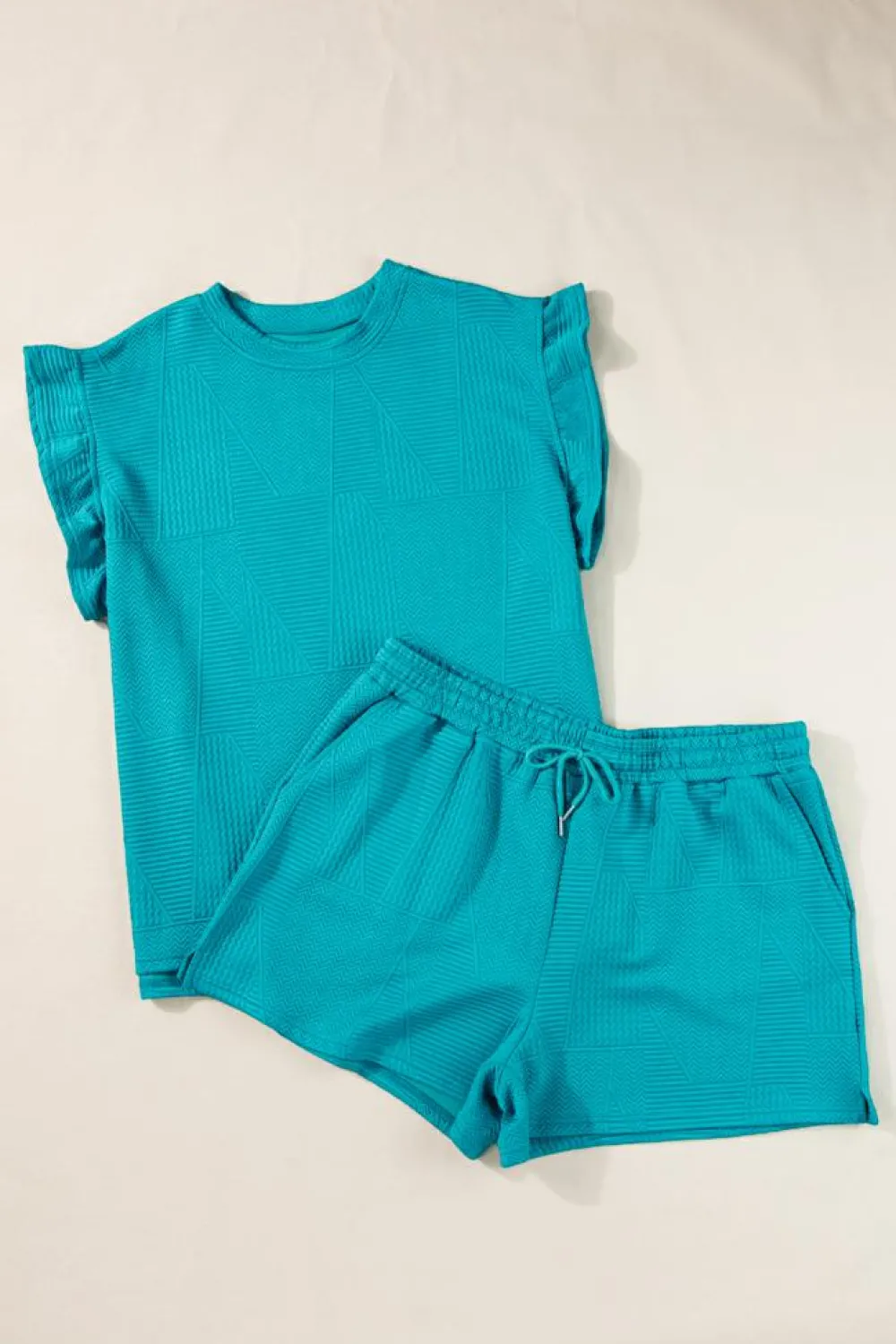 Fashion Dear-Lover Textured Ruffle Split Top and Drawstring Shorts Skobeloff