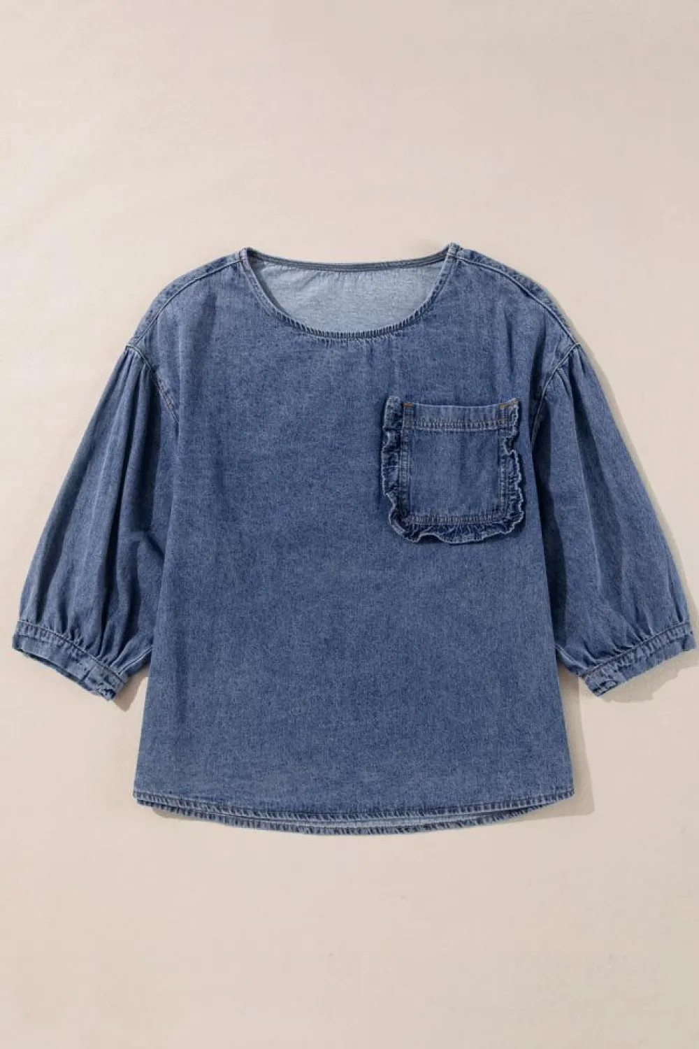Sale Dear-Lover 3/4 Sleeve Ruffled Patched Pocket Denim Blouse Sky Blue
