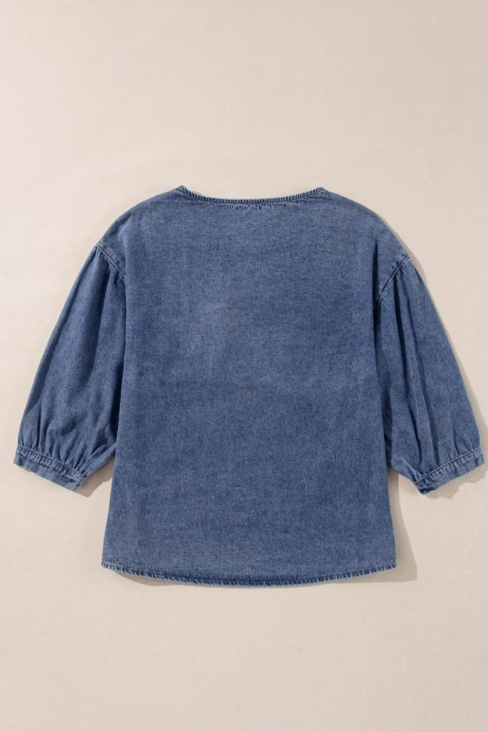 Sale Dear-Lover 3/4 Sleeve Ruffled Patched Pocket Denim Blouse Sky Blue