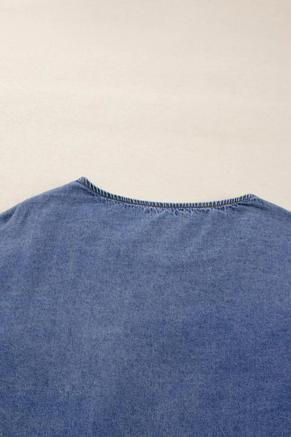 Sale Dear-Lover 3/4 Sleeve Ruffled Patched Pocket Denim Blouse Sky Blue