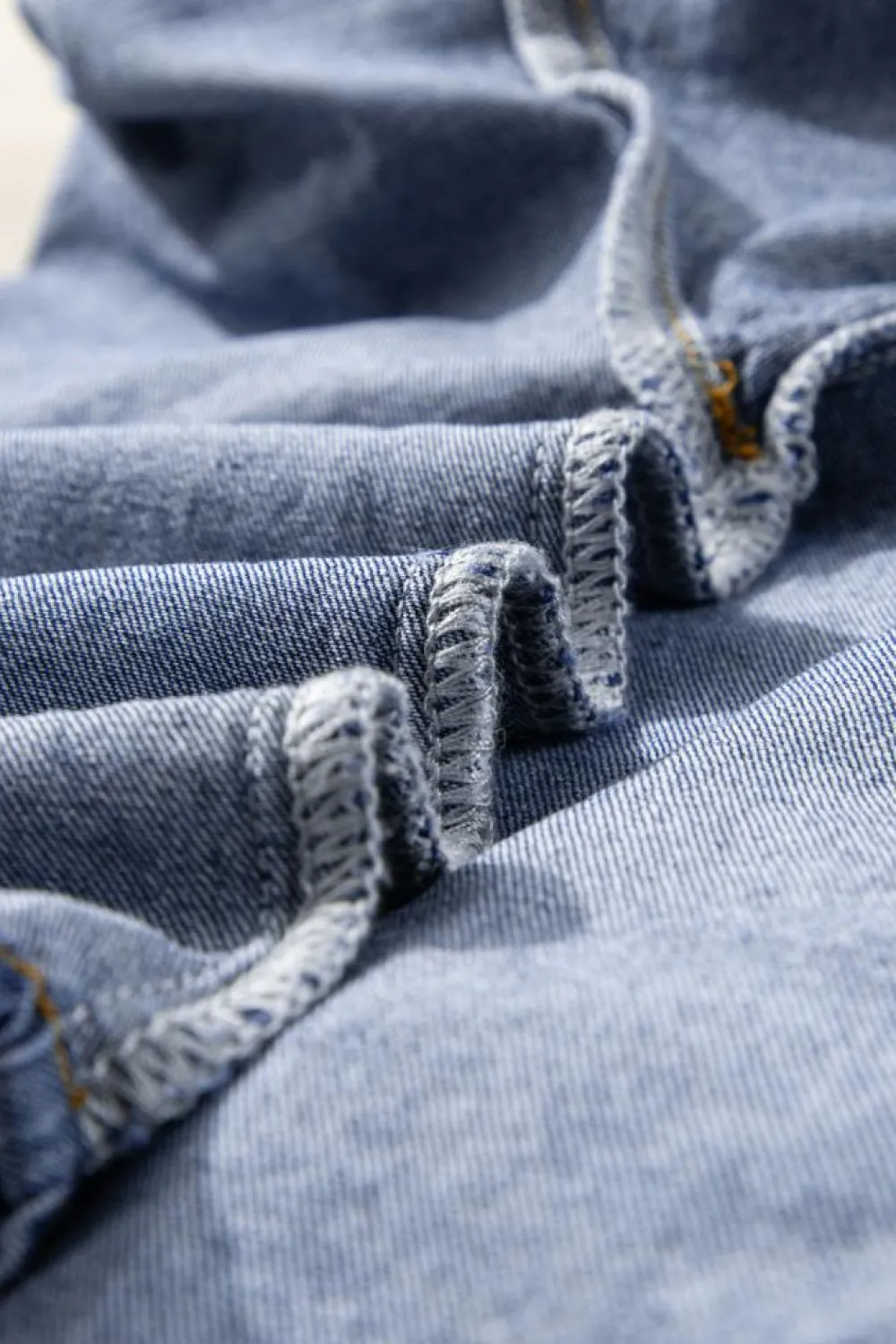 Sale Dear-Lover 3/4 Sleeve Ruffled Patched Pocket Denim Blouse Sky Blue