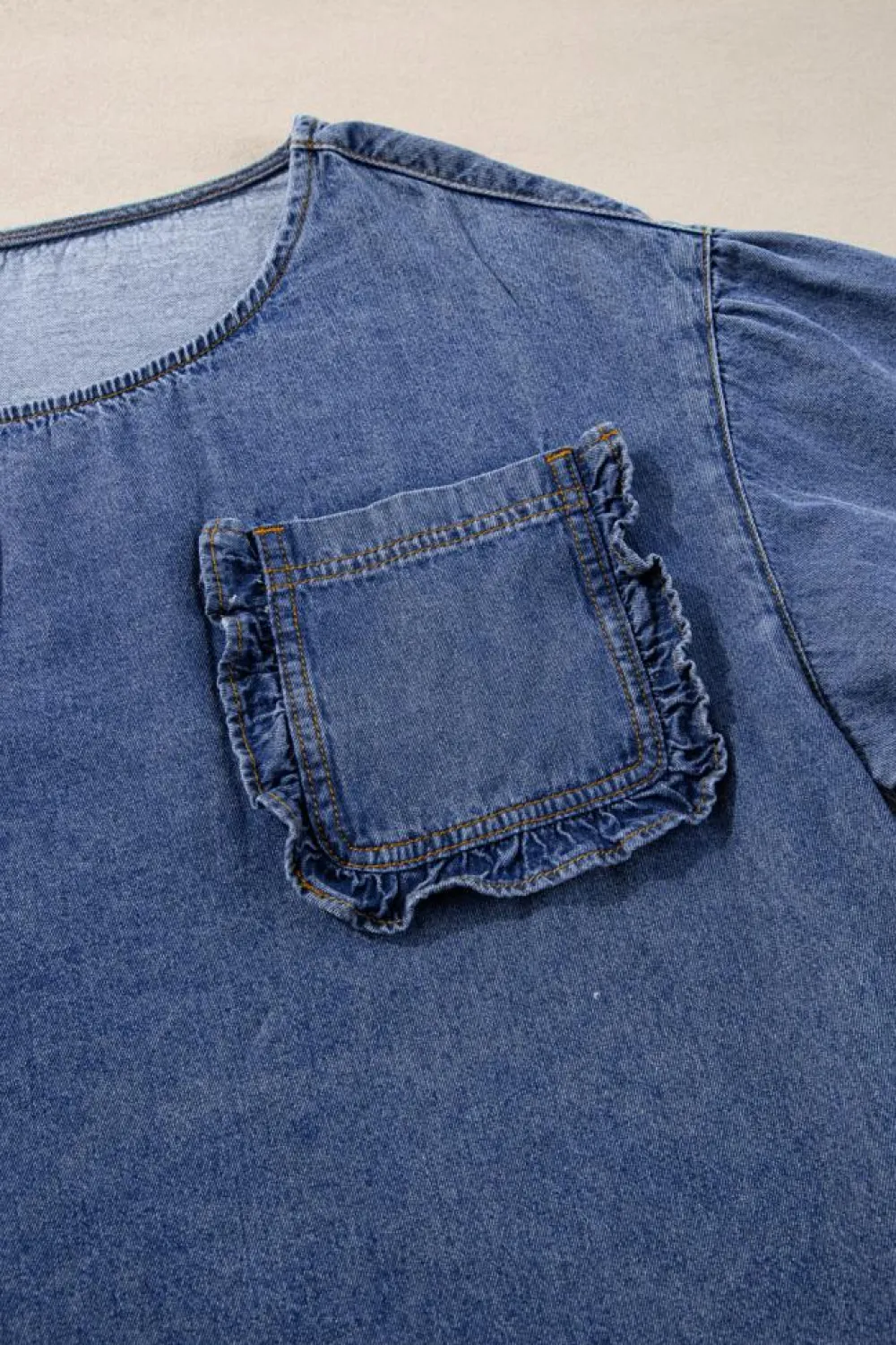 Sale Dear-Lover 3/4 Sleeve Ruffled Patched Pocket Denim Blouse Sky Blue