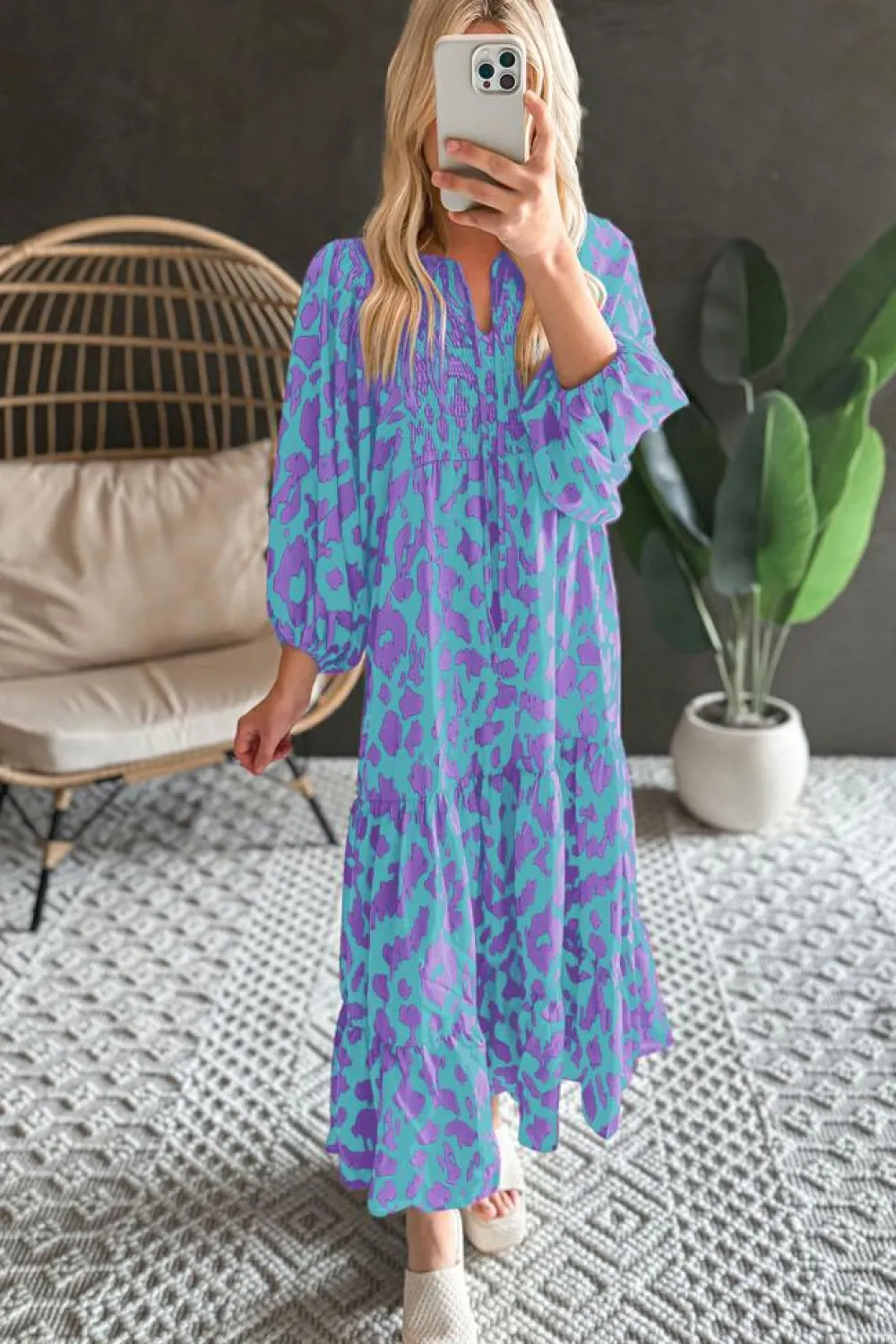 Sale Dear-Lover Abstract Print Puff Sleeve Tied Notched Neck Long Dress Sky Blue