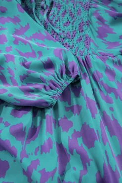 Sale Dear-Lover Abstract Print Puff Sleeve Tied Notched Neck Long Dress Sky Blue
