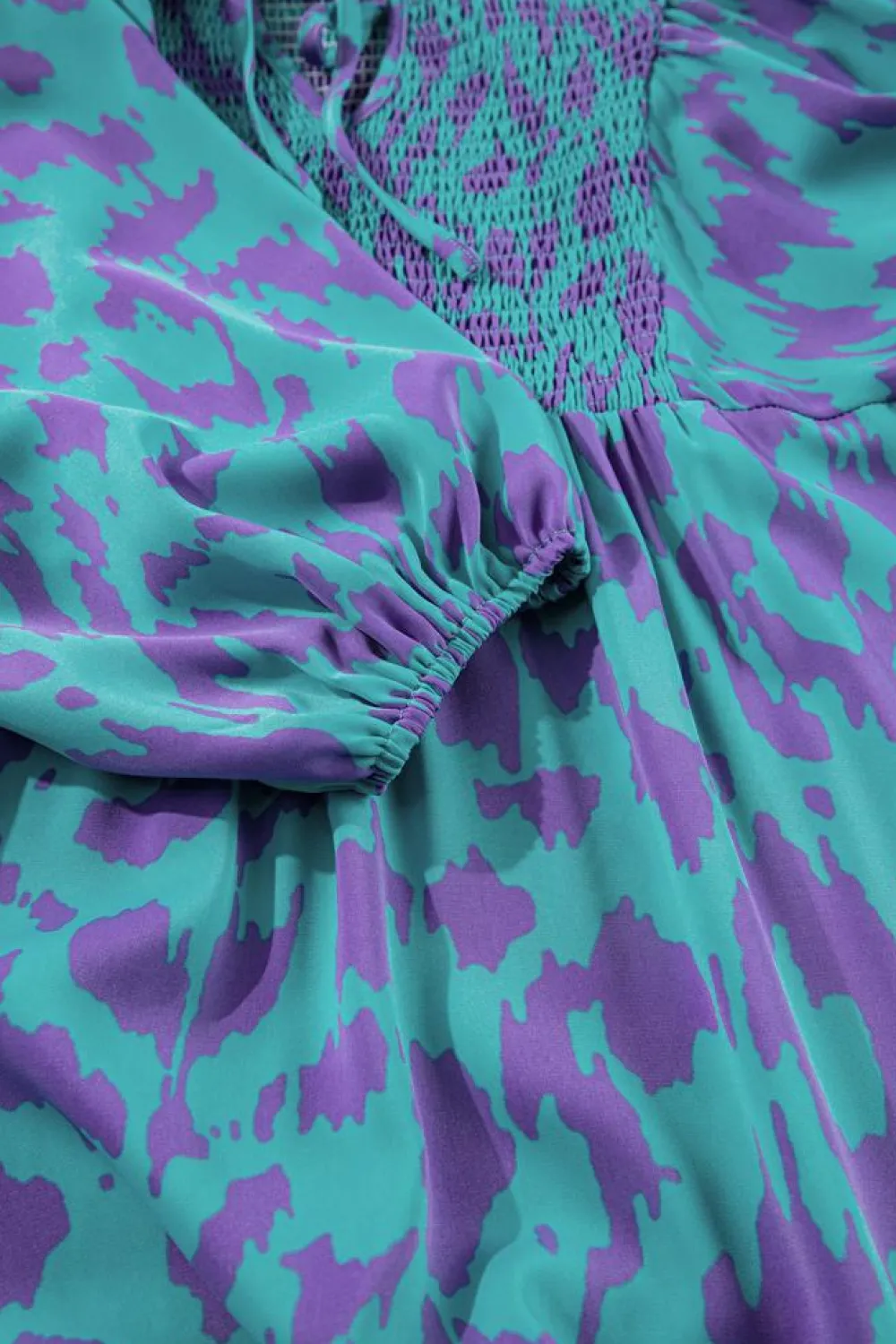 Sale Dear-Lover Abstract Print Puff Sleeve Tied Notched Neck Long Dress Sky Blue