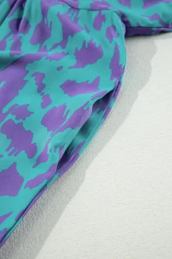 Sale Dear-Lover Abstract Print Puff Sleeve Tied Notched Neck Long Dress Sky Blue