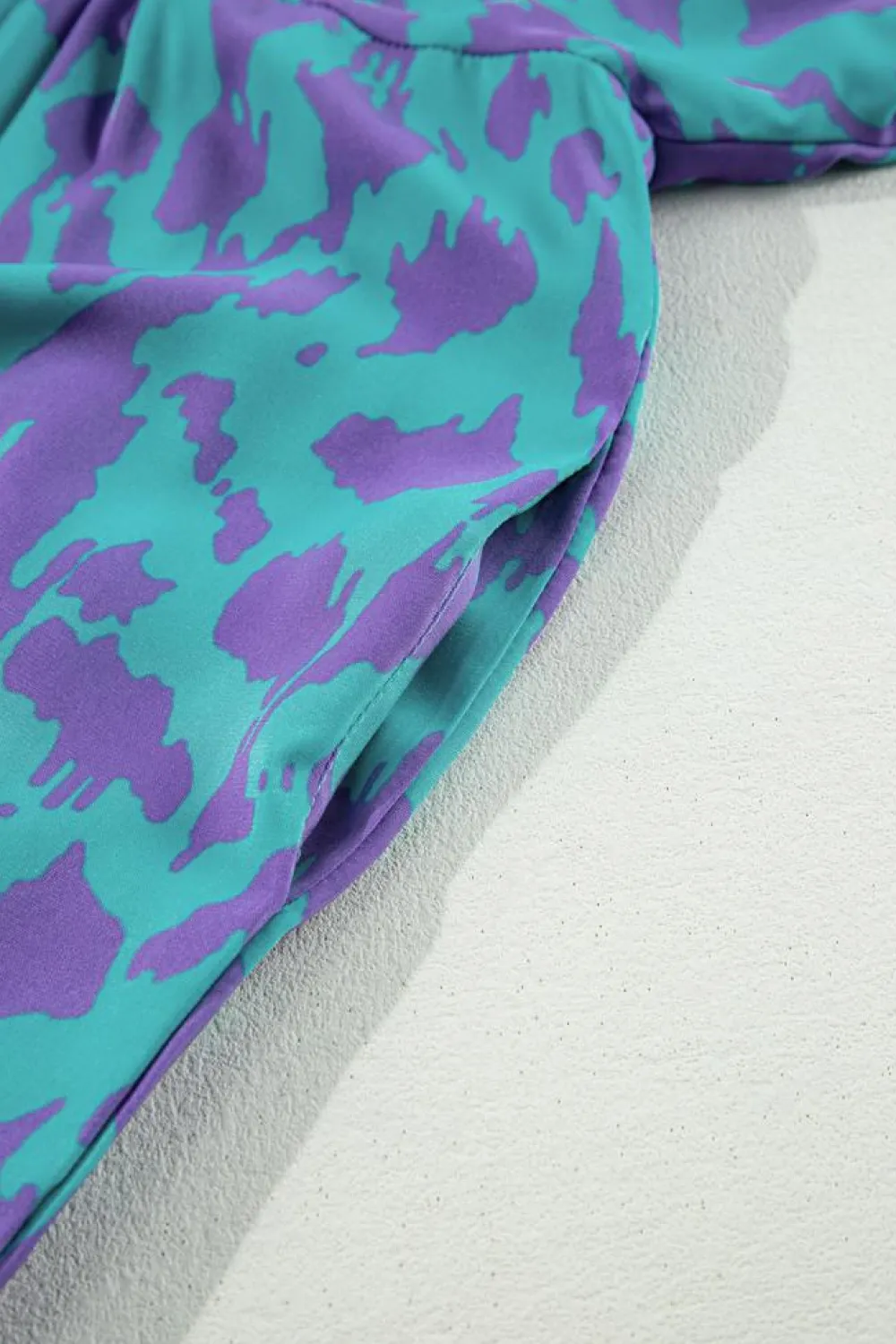Sale Dear-Lover Abstract Print Puff Sleeve Tied Notched Neck Long Dress Sky Blue