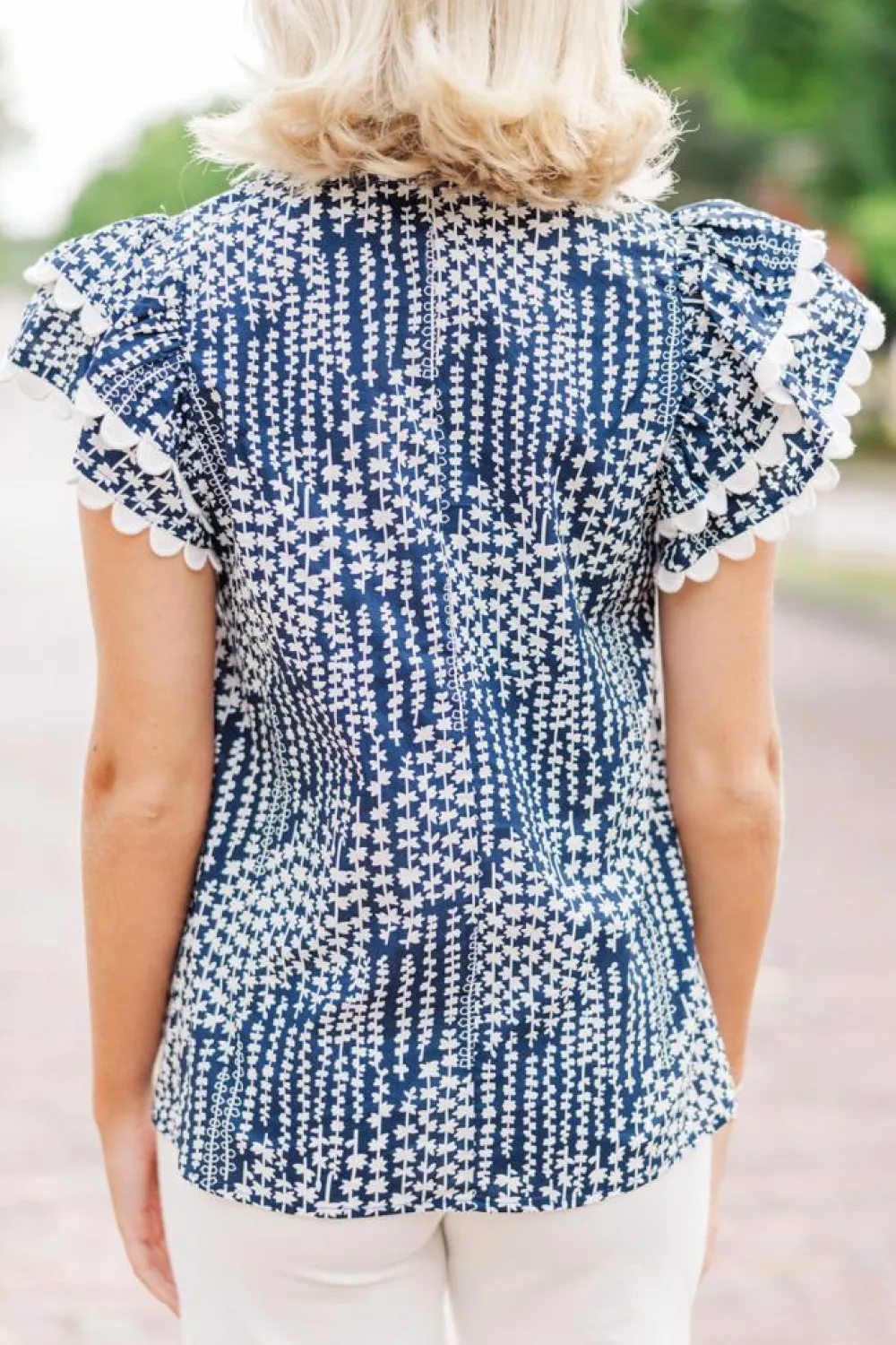 Best Dear-Lover Abstract Print Ric Rac Trim Flutter Sleeve Notch V Neck Blouse Sky Blue