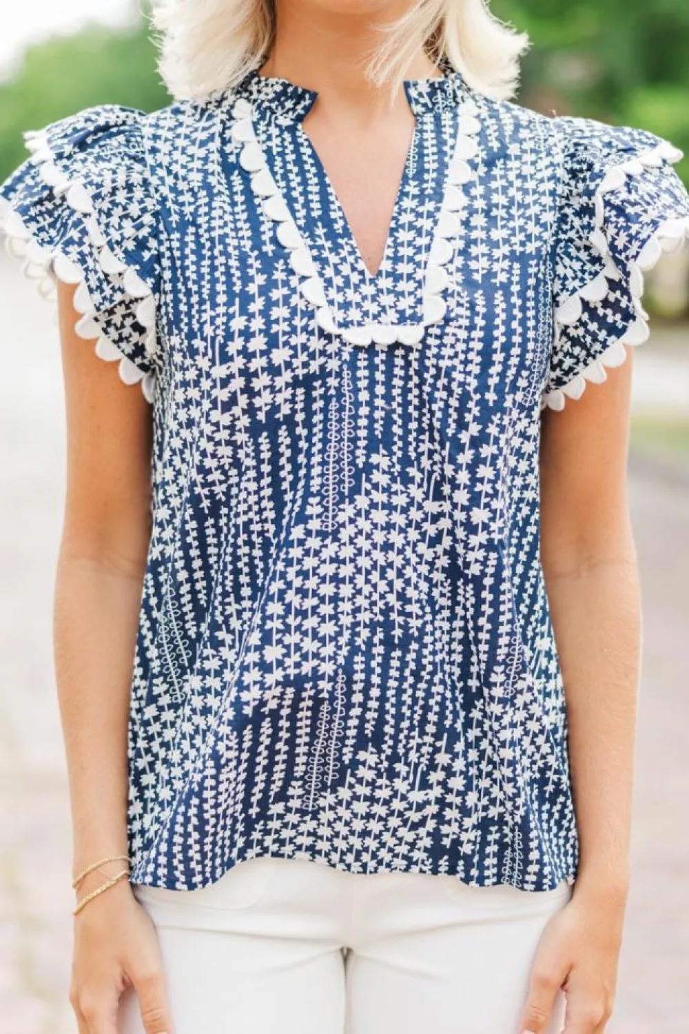 Best Dear-Lover Abstract Print Ric Rac Trim Flutter Sleeve Notch V Neck Blouse Sky Blue