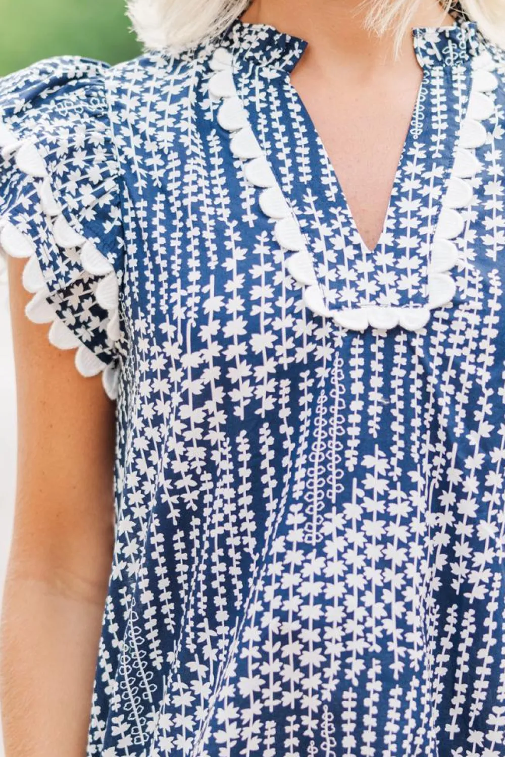Best Dear-Lover Abstract Print Ric Rac Trim Flutter Sleeve Notch V Neck Blouse Sky Blue