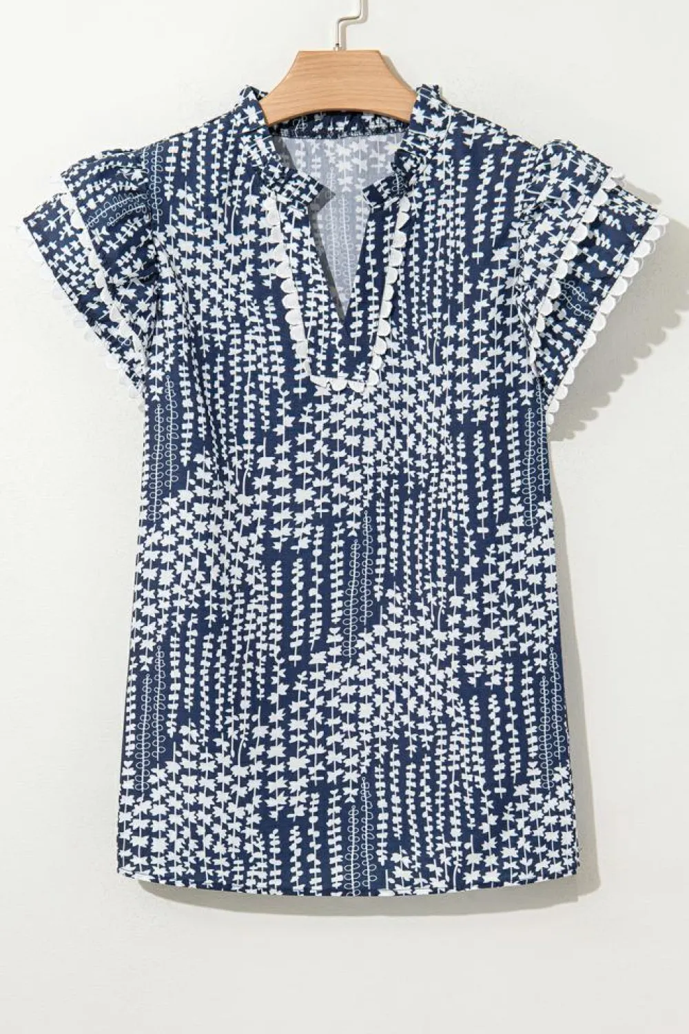 Best Dear-Lover Abstract Print Ric Rac Trim Flutter Sleeve Notch V Neck Blouse Sky Blue
