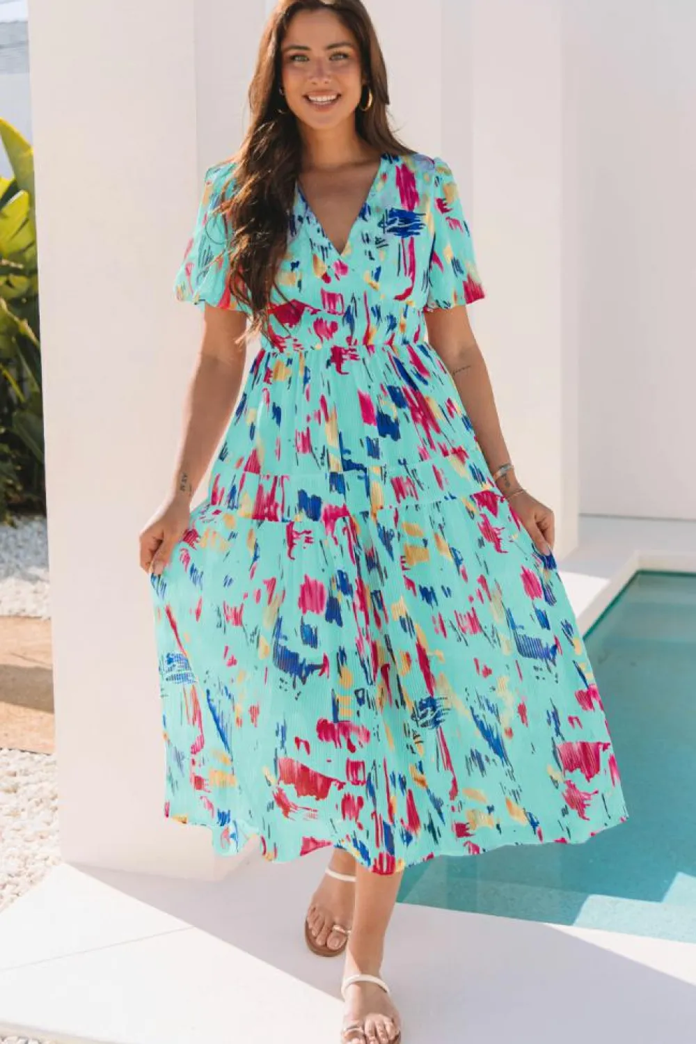 Sale Dear-Lover Abstract Print Short Puff Sleeve Tiered Maxi Dress Sky Blue