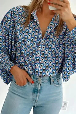 Online Dear-Lover Abstract Print Shirred Cuff Buttoned Oversized Shirt Sky Blue