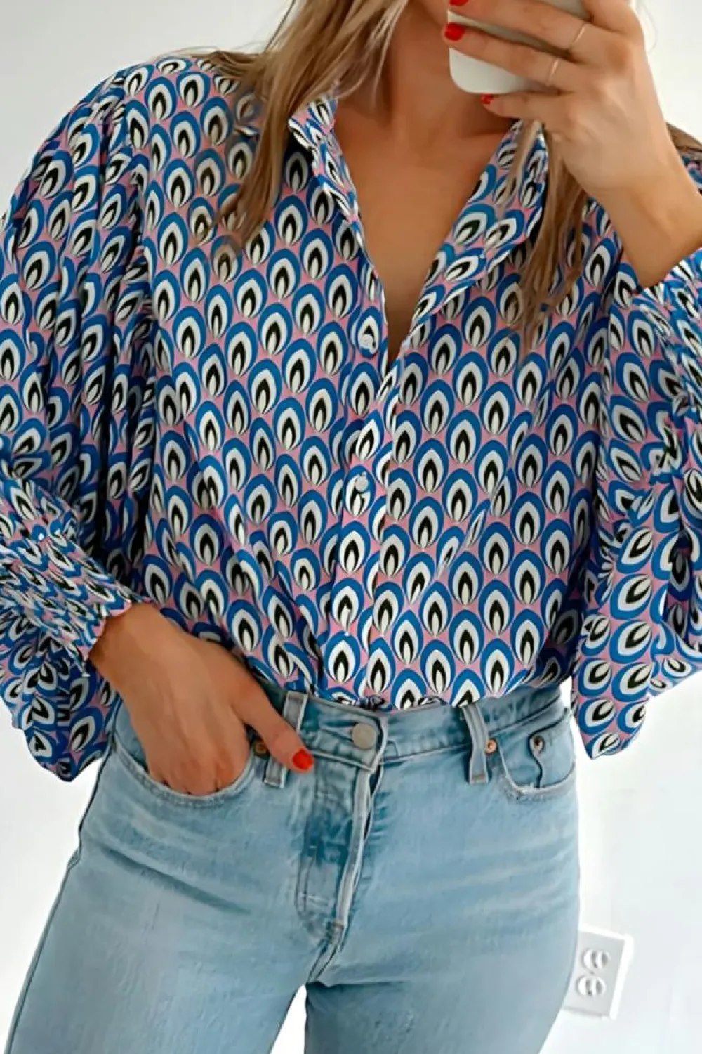 Online Dear-Lover Abstract Print Shirred Cuff Buttoned Oversized Shirt Sky Blue