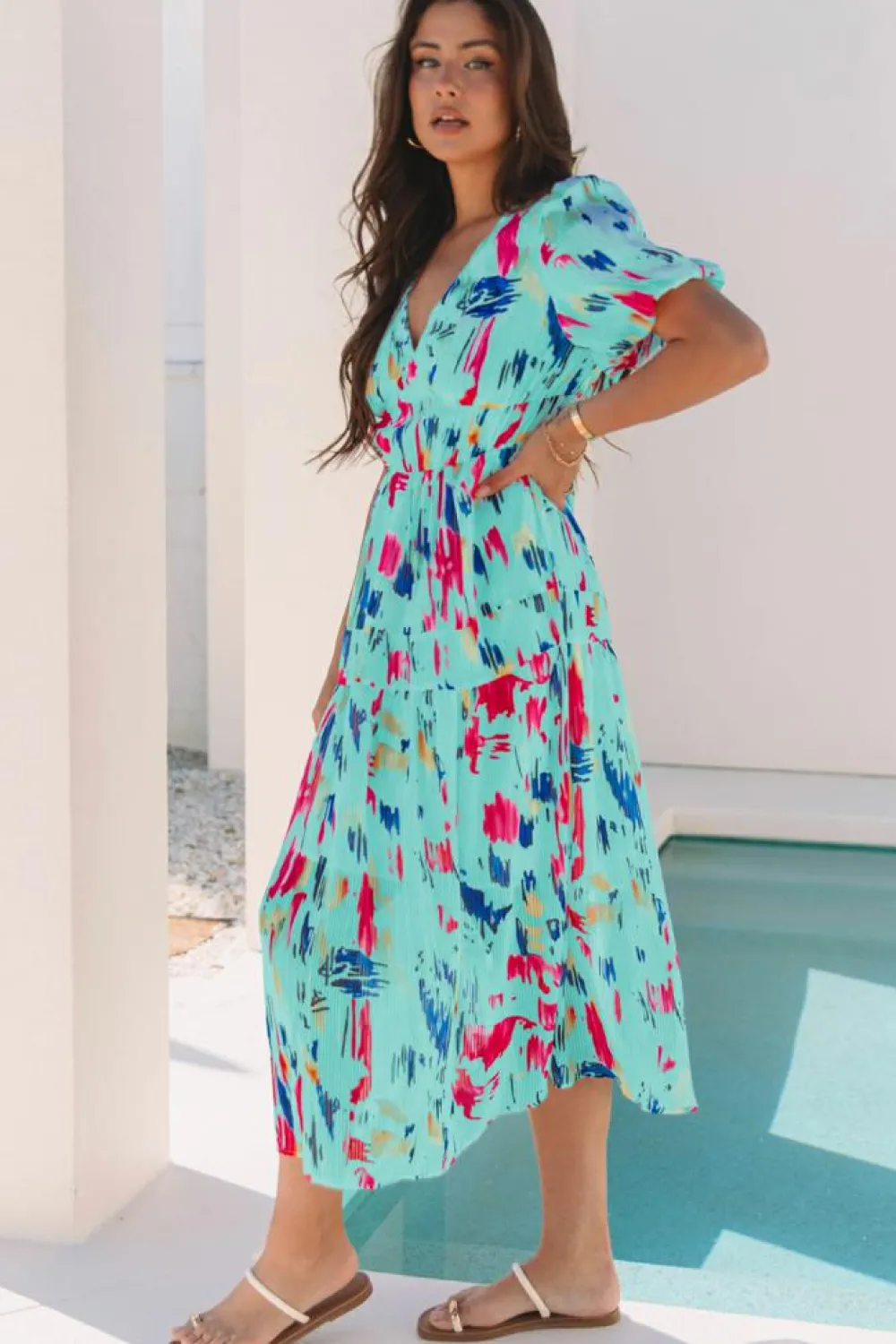 Sale Dear-Lover Abstract Print Short Puff Sleeve Tiered Maxi Dress Sky Blue