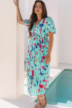 Sale Dear-Lover Abstract Print Short Puff Sleeve Tiered Maxi Dress Sky Blue