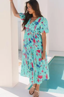 Sale Dear-Lover Abstract Print Short Puff Sleeve Tiered Maxi Dress Sky Blue