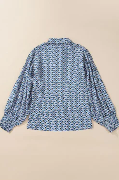 Online Dear-Lover Abstract Print Shirred Cuff Buttoned Oversized Shirt Sky Blue