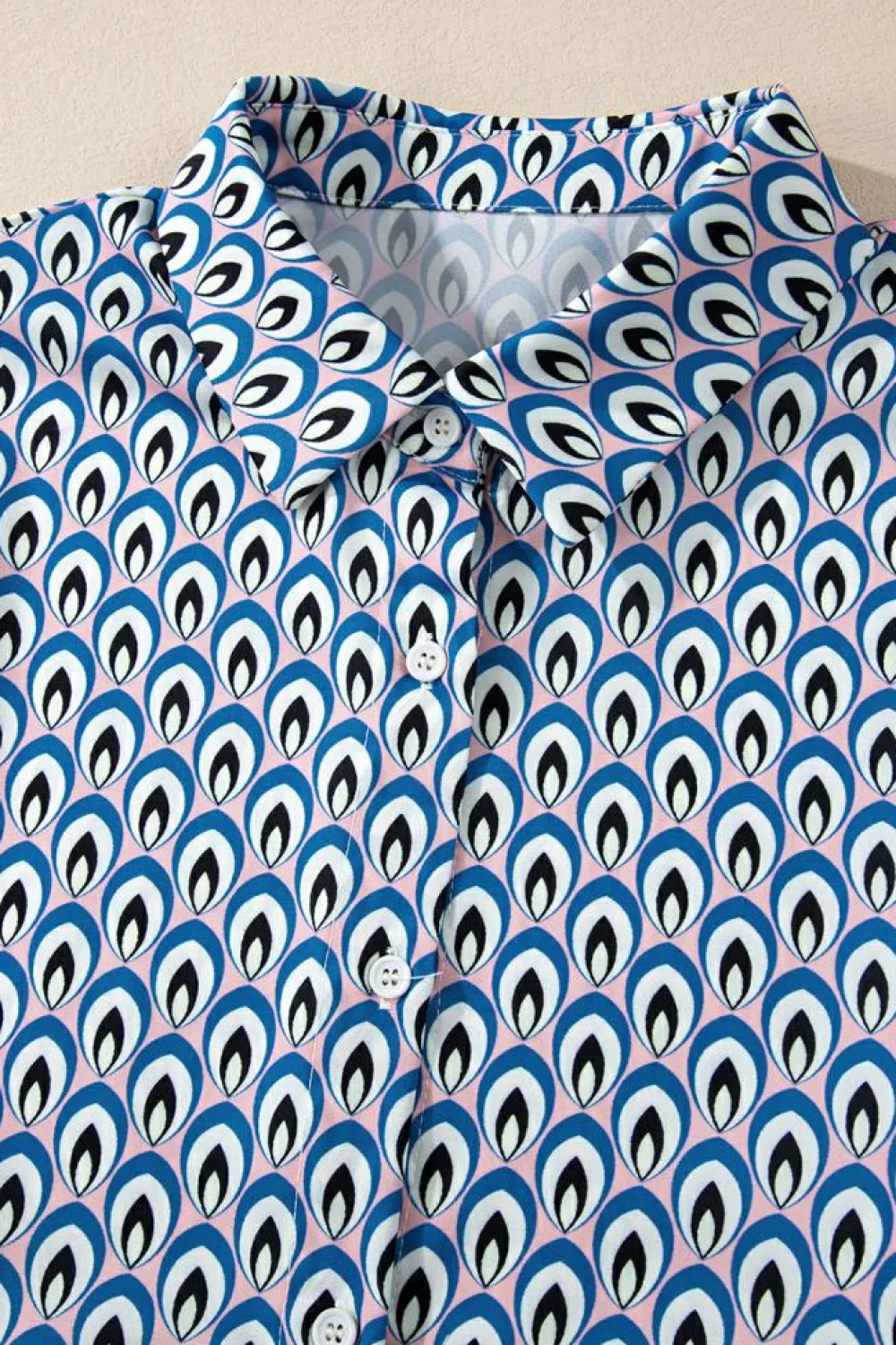 Online Dear-Lover Abstract Print Shirred Cuff Buttoned Oversized Shirt Sky Blue