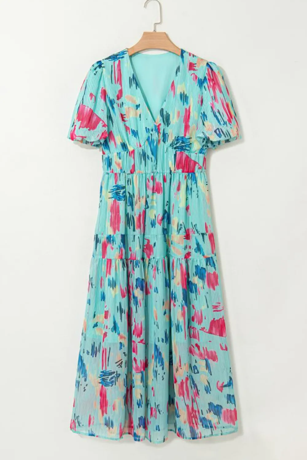 Sale Dear-Lover Abstract Print Short Puff Sleeve Tiered Maxi Dress Sky Blue