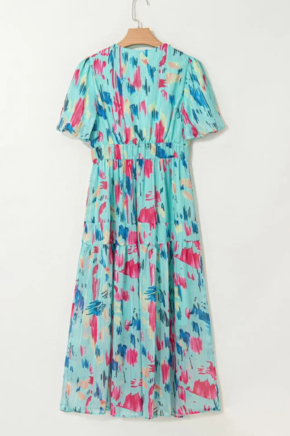 Sale Dear-Lover Abstract Print Short Puff Sleeve Tiered Maxi Dress Sky Blue