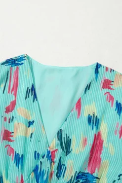 Sale Dear-Lover Abstract Print Short Puff Sleeve Tiered Maxi Dress Sky Blue