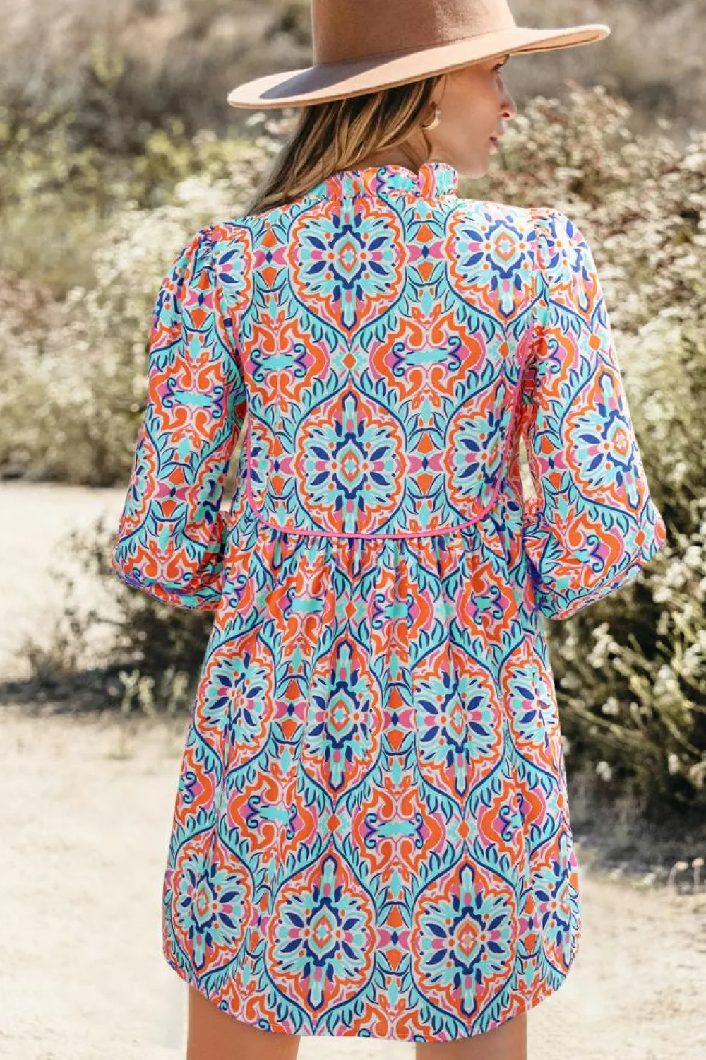Discount Dear-Lover Abstract Printed Long Sleeve Tied Neckline Mini Dress Sky Blue