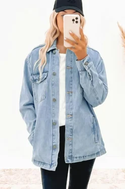 Best Dear-Lover Acid Wash Flap Pocket Boyfriend Shacket Sky Blue