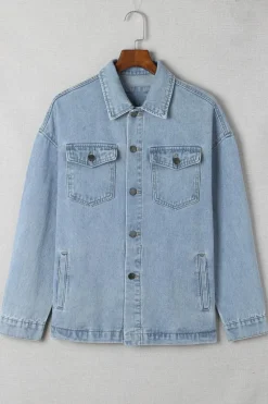 Best Dear-Lover Acid Wash Flap Pocket Boyfriend Shacket Sky Blue