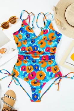 Sale Dear-Lover Sky Blue Adjustable Straps Ribbed Knit One Piece Swimsuit Sky Blue-2