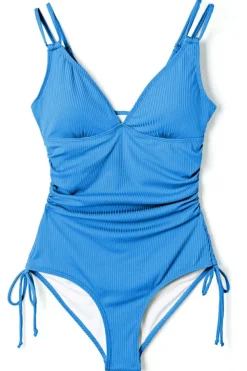 Clearance Dear-Lover Adjustable Straps Ribbed Knit One Piece Swimsuit Sky Blue