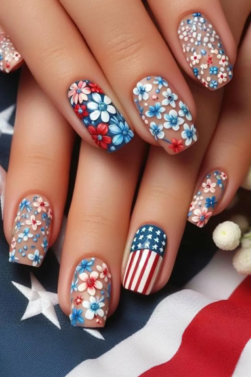 Online Dear-Lover American Flag Flower Print Square False Nails Sky Blue