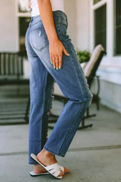 New Dear-Lover  American Flag Patched Distressed Jeans Sky Blue