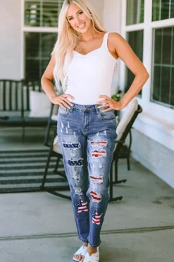 New Dear-Lover  American Flag Patched Distressed Jeans Sky Blue