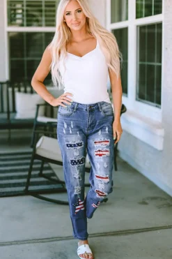 New Dear-Lover  American Flag Patched Distressed Jeans Sky Blue
